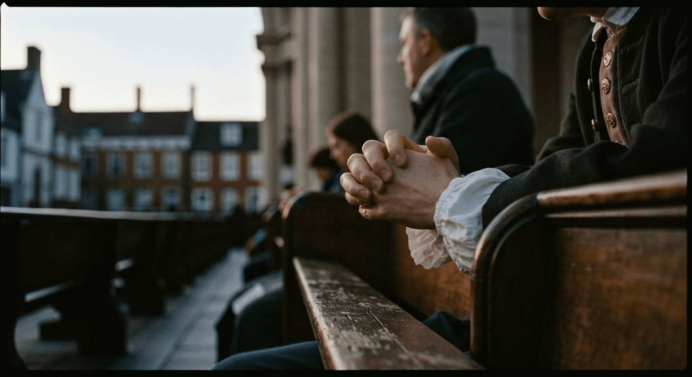 Historical image of Isaac Watts, father of english hymnody. God transforms church music through his inspired hymns, set in 1700s London, England.