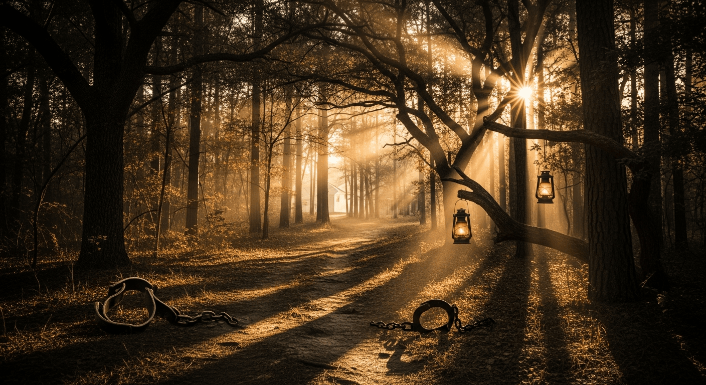 Underground railroad lantern glowing in darkness symbolizing Harriet Tubman Christian testimony of divine guidance and God's protection during ...