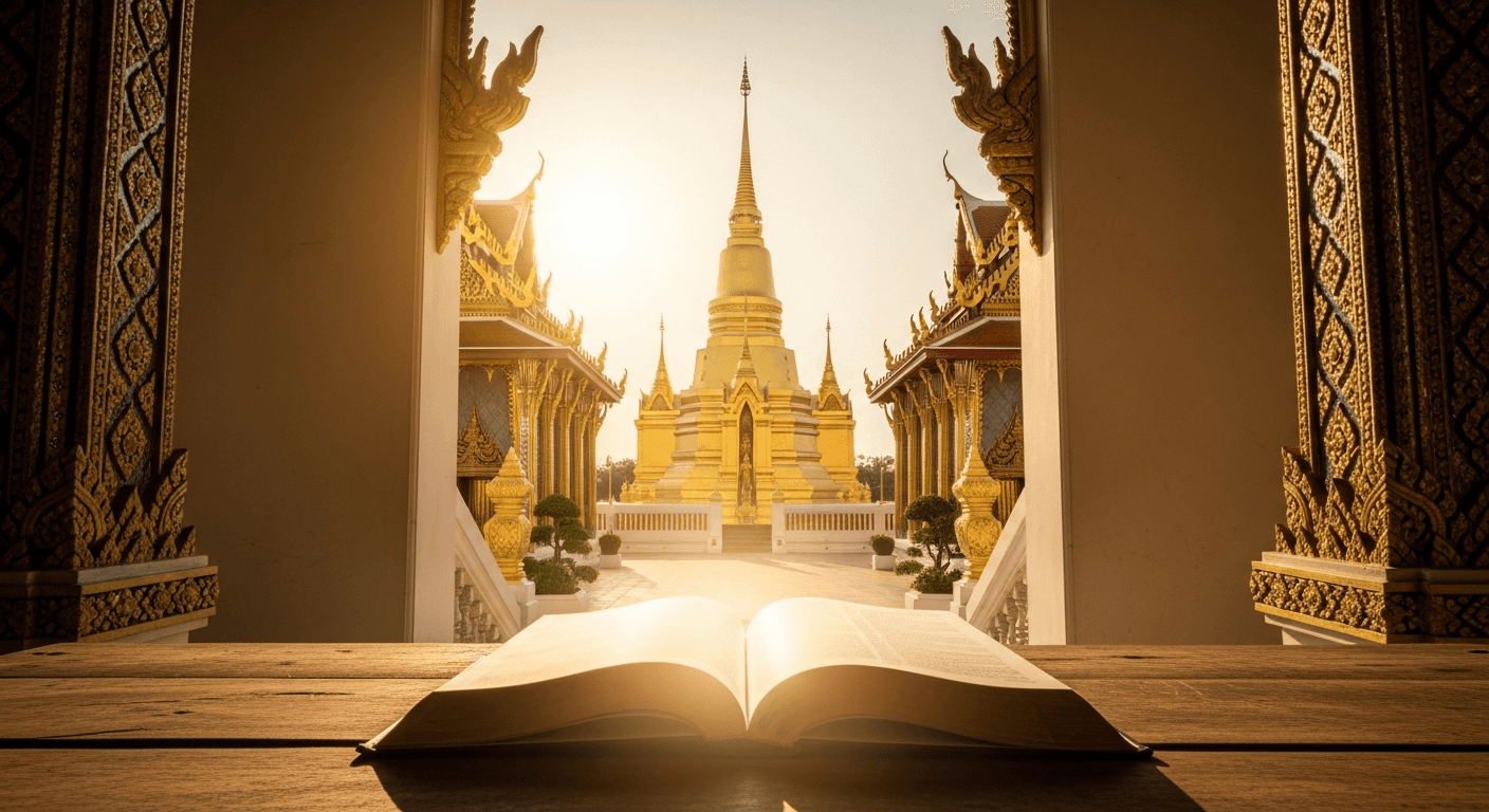 Golden lotus flower transitioning to wooden cross in Buddhist temple representing Thai Christian conversion story and finding peace in Jesus testimony