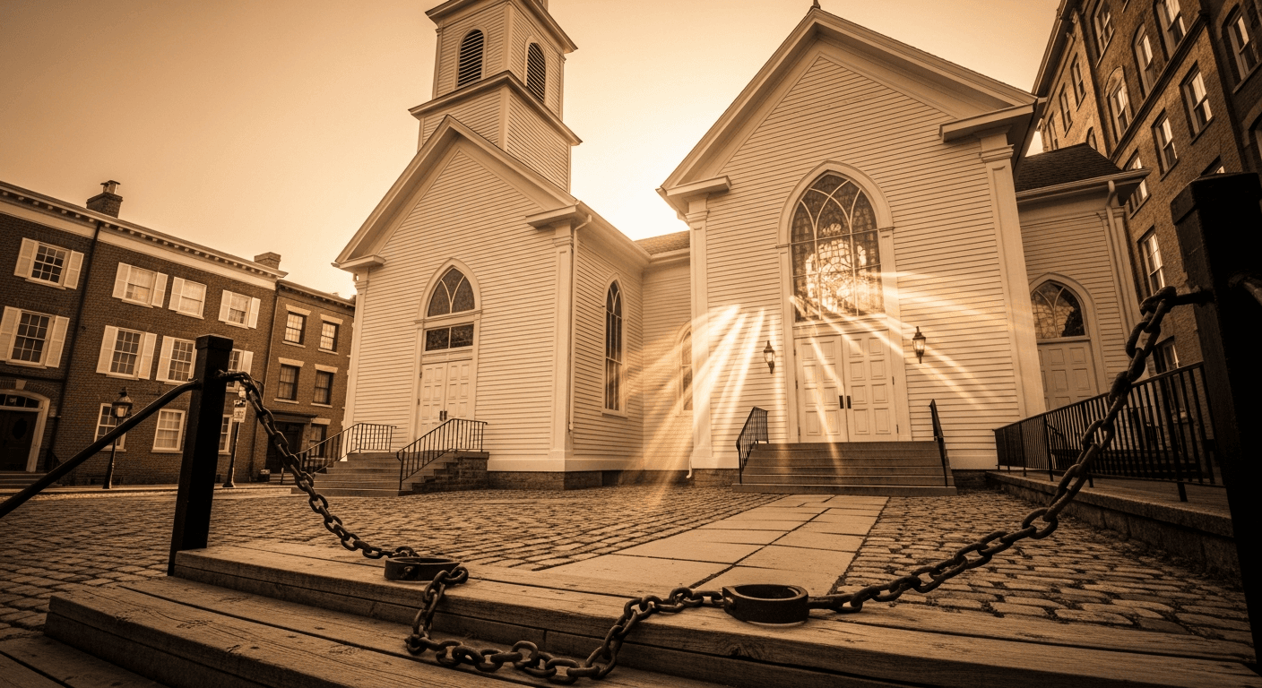 Broken chains on wooden pulpit representing Frederick Douglass Christian testimony of finding God during slavery and freedom through faith