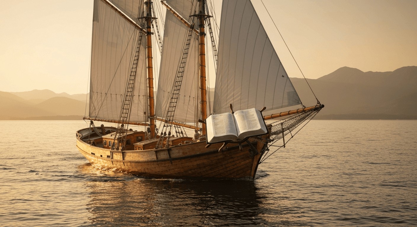 Sunset silhouettes a sailing ship on Schroon Lake, NY. A powerful testimony of transformation from addiction: Dawson Trotman conversion story.