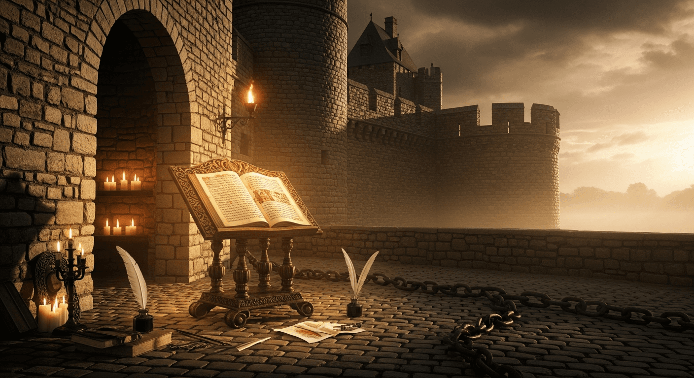 Ancient Bible and flickering candles symbolizing William Tyndale testimony faith and martyrdom for scripture translation in Vilvoorde Belgium