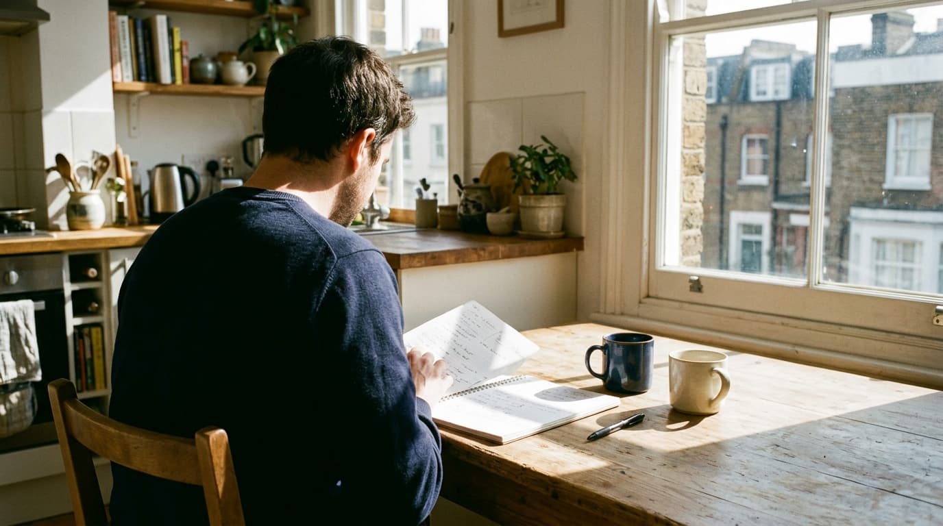 A man in a modern London room shares a trauma and faith story of childhood abuse healing testimony, showing emotional healing through Jesus.