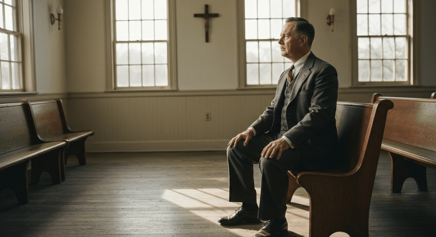 Businessman in 1930s suit kneeling in chapel pew during JC Penney testimony of finding God after losing fortune in 1929 crash