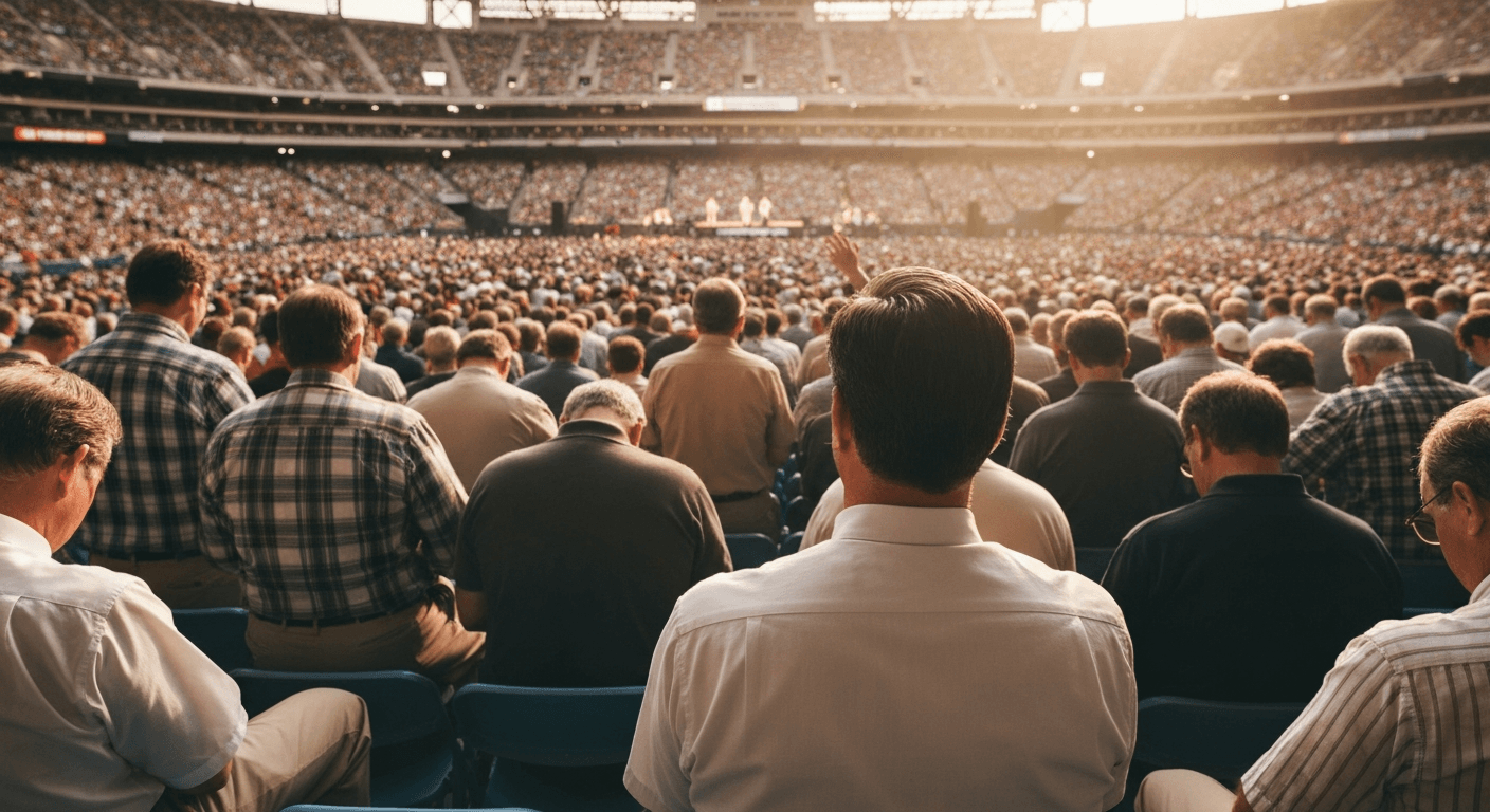 Historical photograph showing man and woman embracing in 1990s Denver home representing marriage restoration testimony and Promise Keepers ...