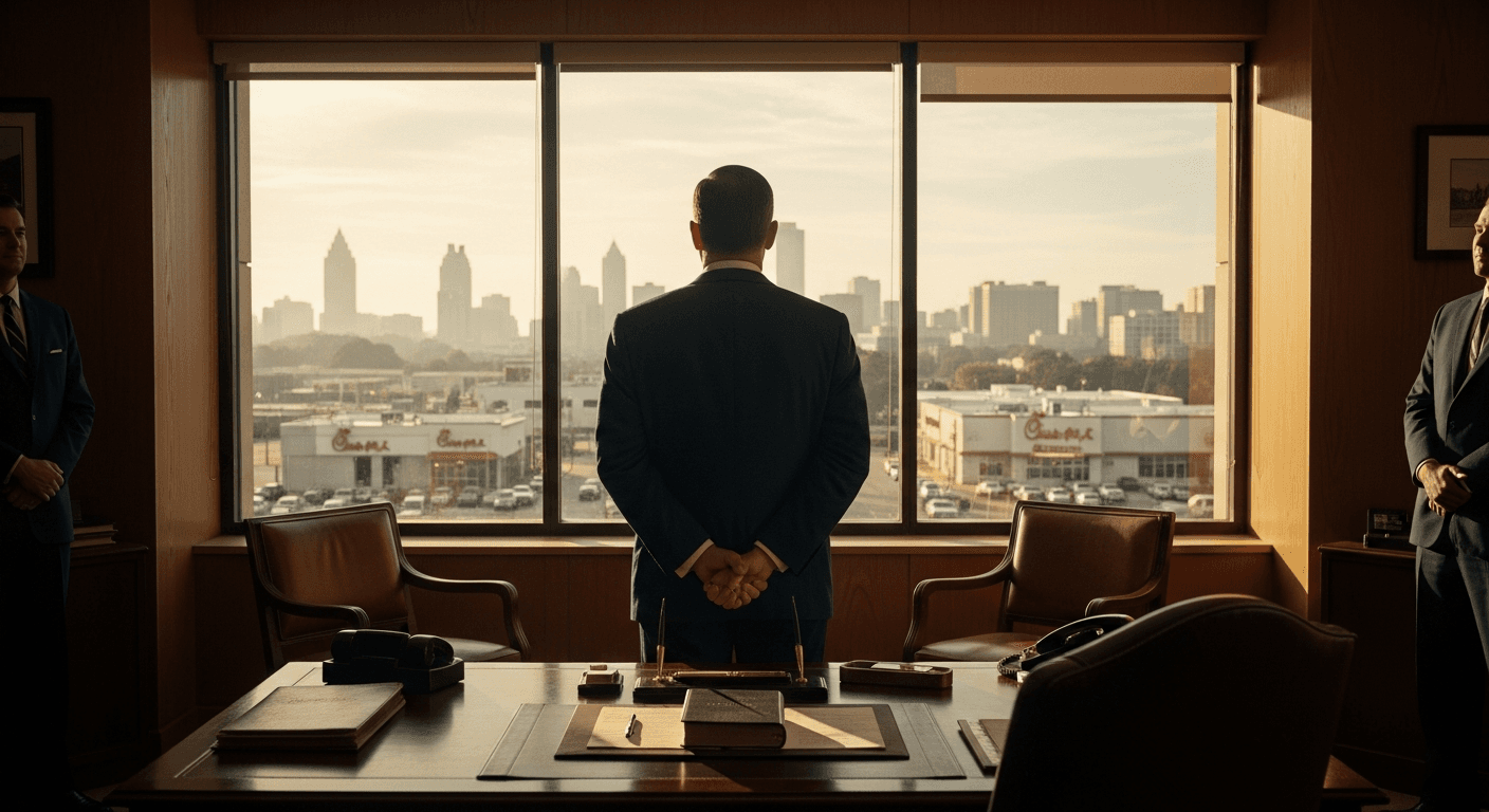 Christian business success testimony image showing S Truett Cathy at modern Chick-fil-A restaurant discussing faith driven entrepreneur story