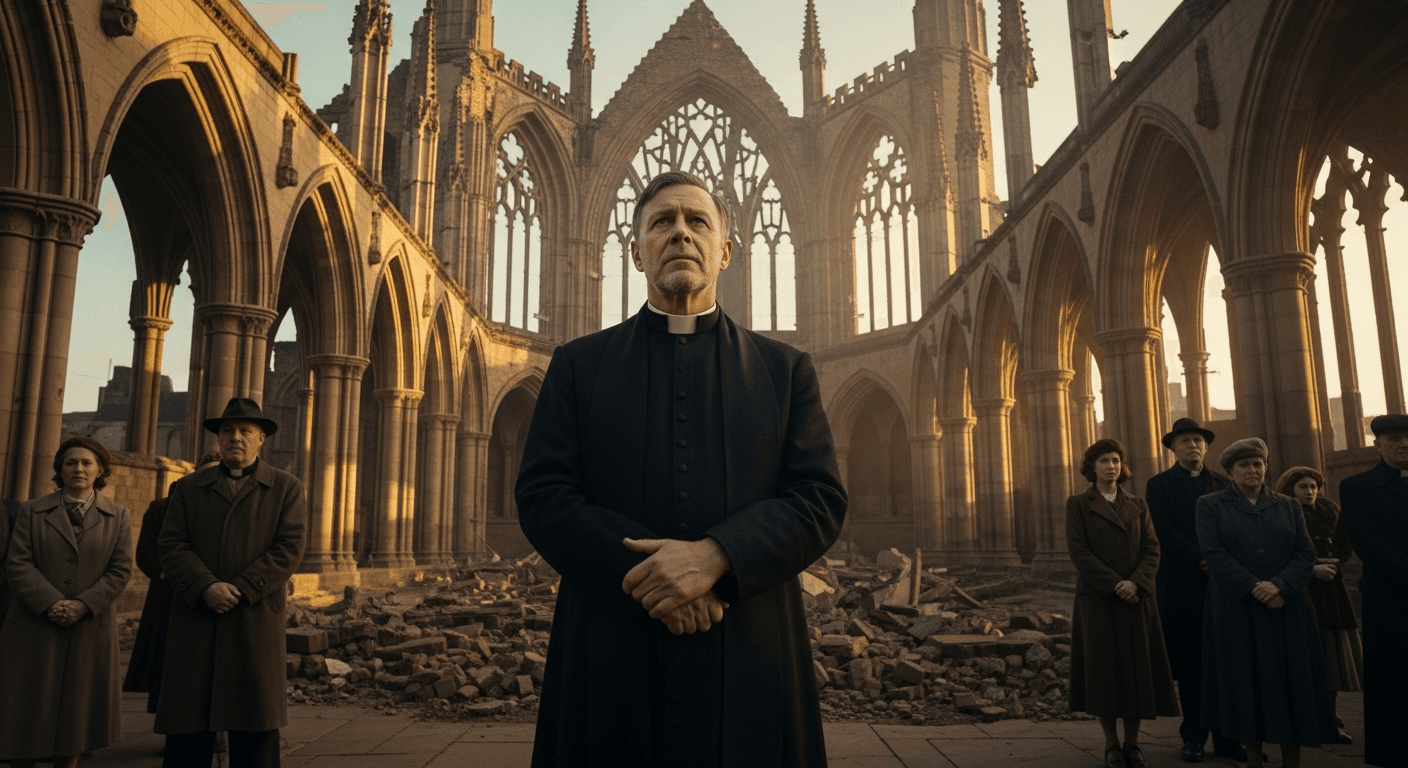 Coventry Cathedral bombing forgiveness testimony world war 2. Ruins, clergy symbolize Christian reconciliation after war. Coventry, England.