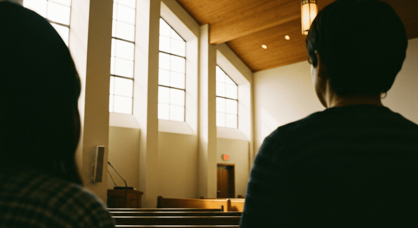 Diverse group in modern church embraces. Church mental health stigma fades as they find faith and mental health support. Leaders promote Christian mental health movement.