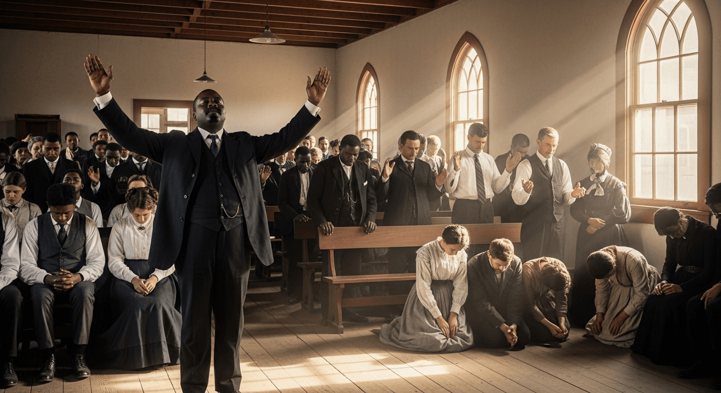 1906 Azusa Street Revival healing miracles: William Seymour leads prayer, a divine healing testimonies scene in Los Angeles.