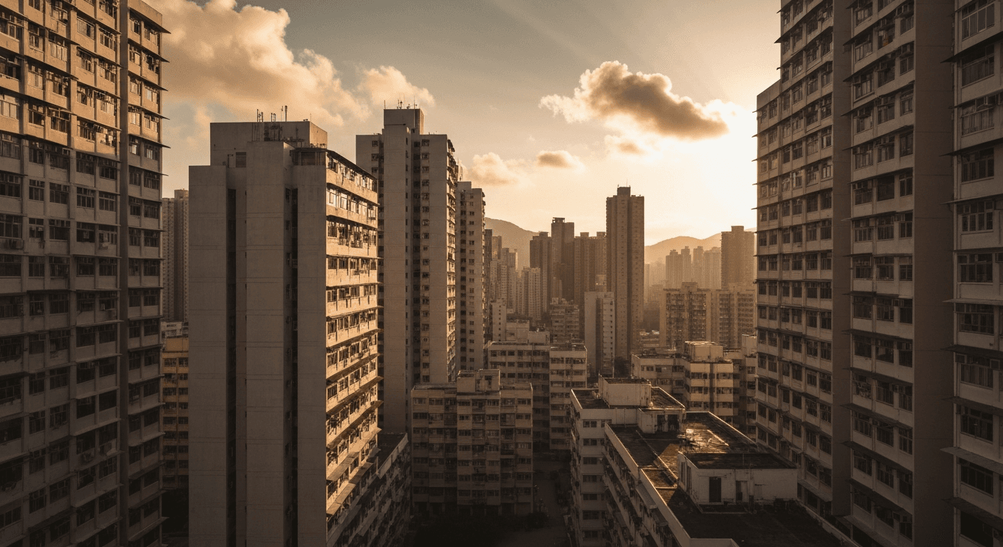 Kowloon, Hong Kong: Golden light over apartments, hinting at Jackie Pullinger's ministry testimony. God transforms gang members here.