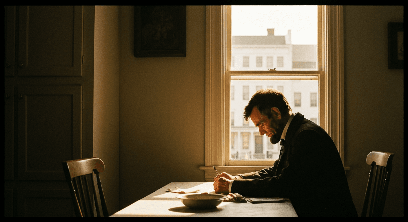 Lincoln prayer during Civil War, Washington D.C. Image shows solemn president who prayed, seeking God's guidance through national crisis.