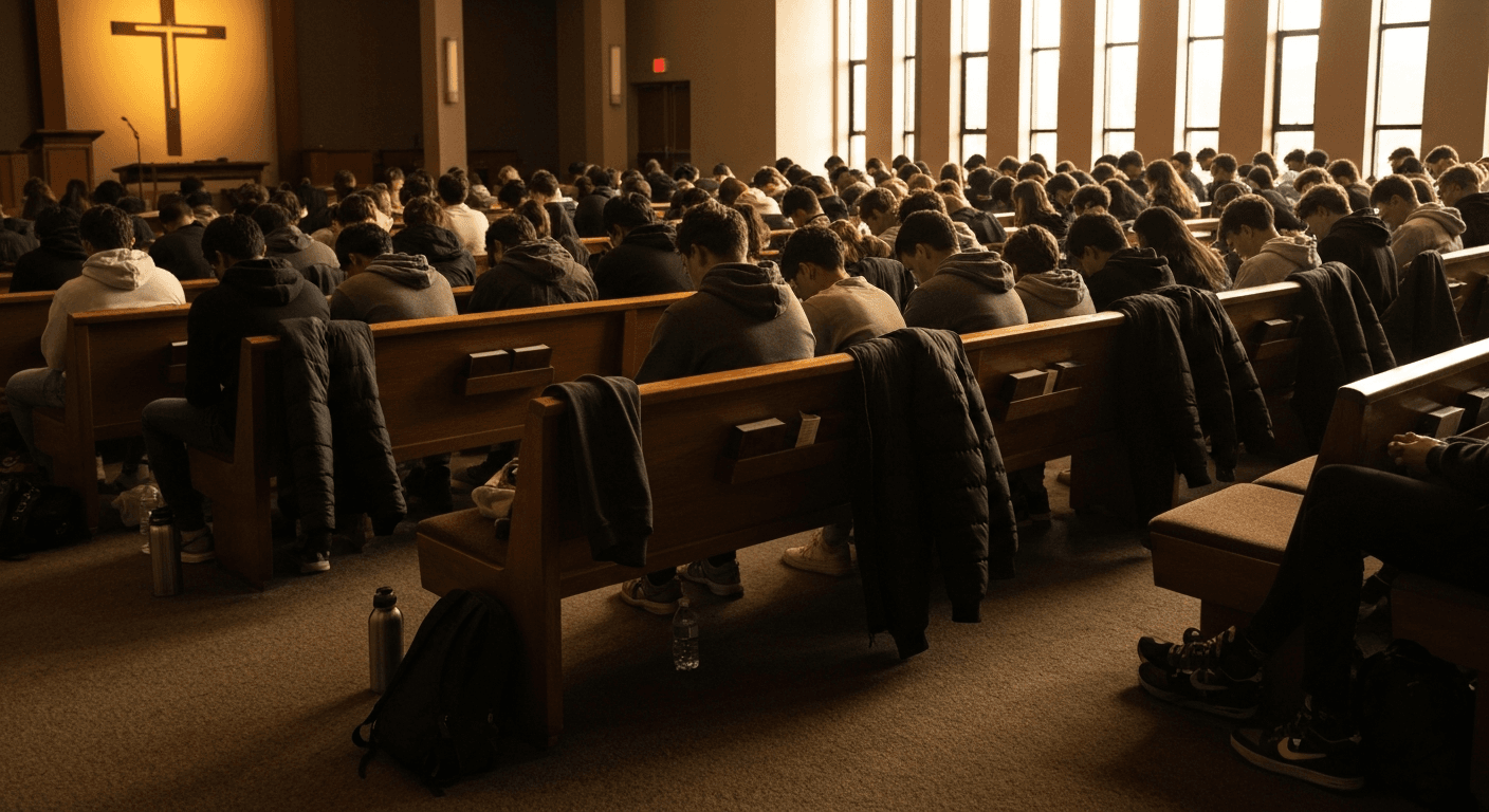 Students gathered in worship during the historic Asbury Revival 2023 at university chapel in Wilmore Kentucky campus spiritual awakening