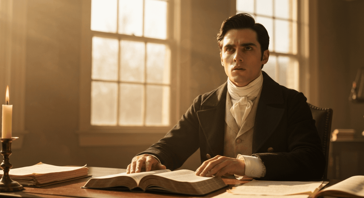 Historical illustration of lawyer Charles Finney conversion experience in 1821 Adams New York showing skeptic encounters Jesus testimony