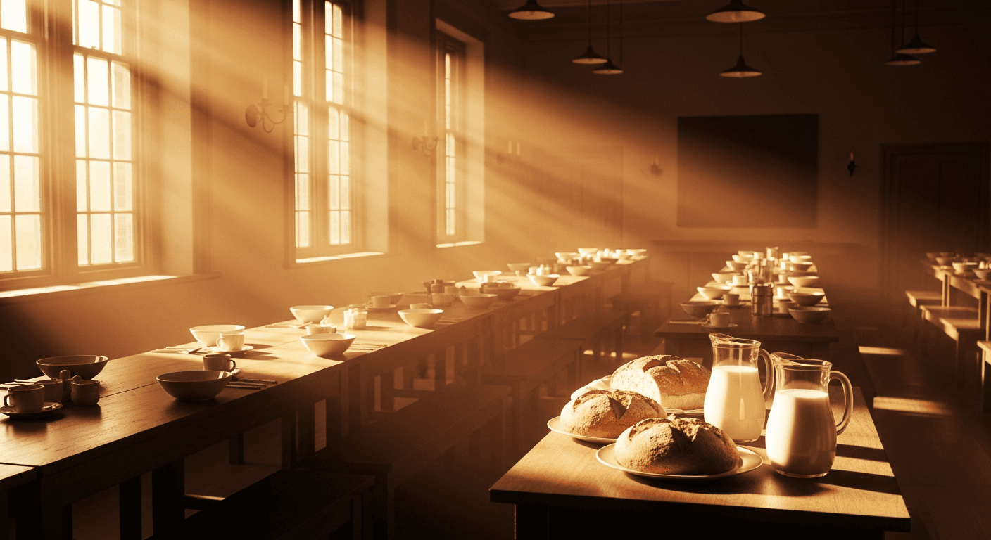 Orphans pray at tables in Bristol. God provides through prayer testimony; 1850s miraculous provision for orphans.