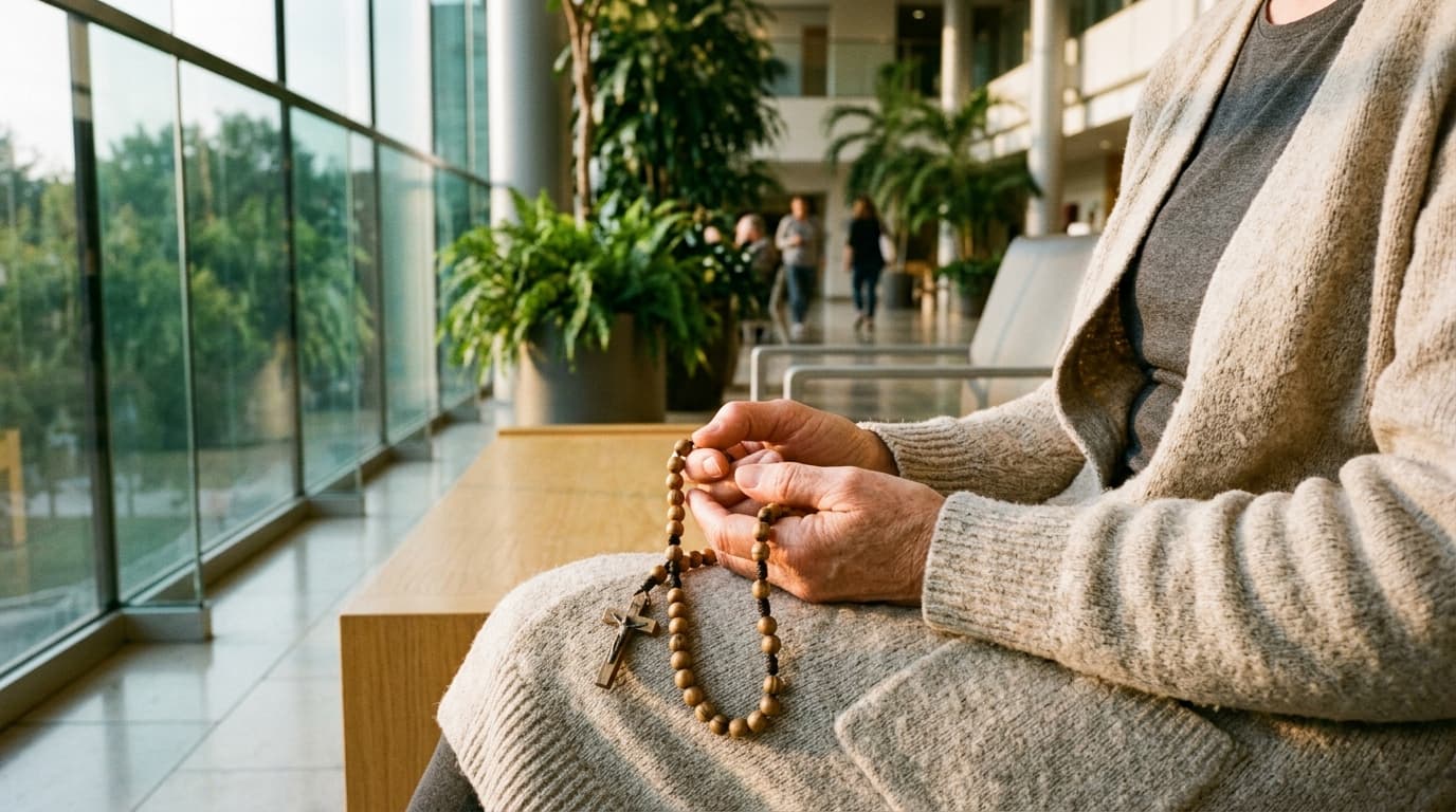 Serene woman praying in a modern Toronto church atrium reflecting the Tammy Peterson testimony where her body healed as she found faith
