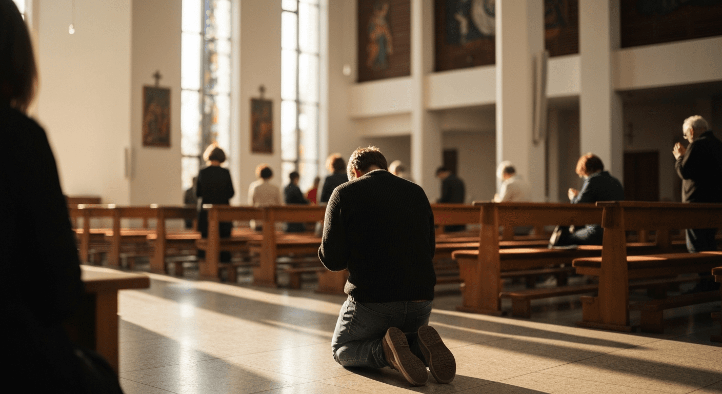 Polish Catholic at modern prayer meeting experiencing baptism in holy spirit testimony during catholic charismatic renewal in Warsaw church