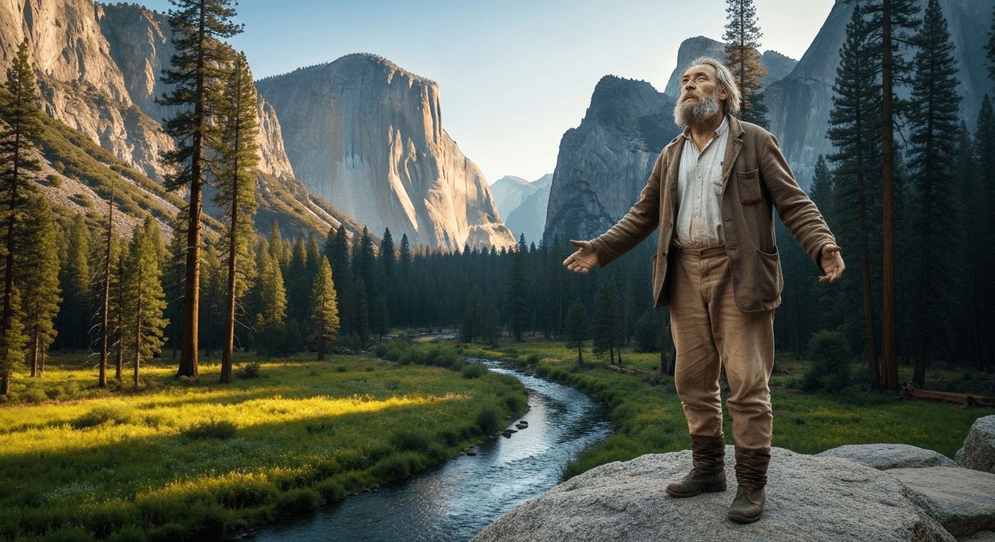 John Muir standing in Yosemite wilderness finding god in nature testimony shows divine calling after accident led to spiritual transformation