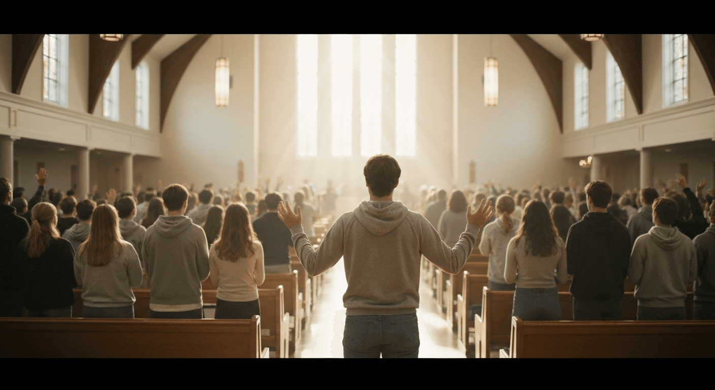 Asbury Revival 2023 photo of Zeke Atha, a young man, speaking to a crowd at the Kentucky outpouring. Spontaneous worship marked this Gen Z revival ...