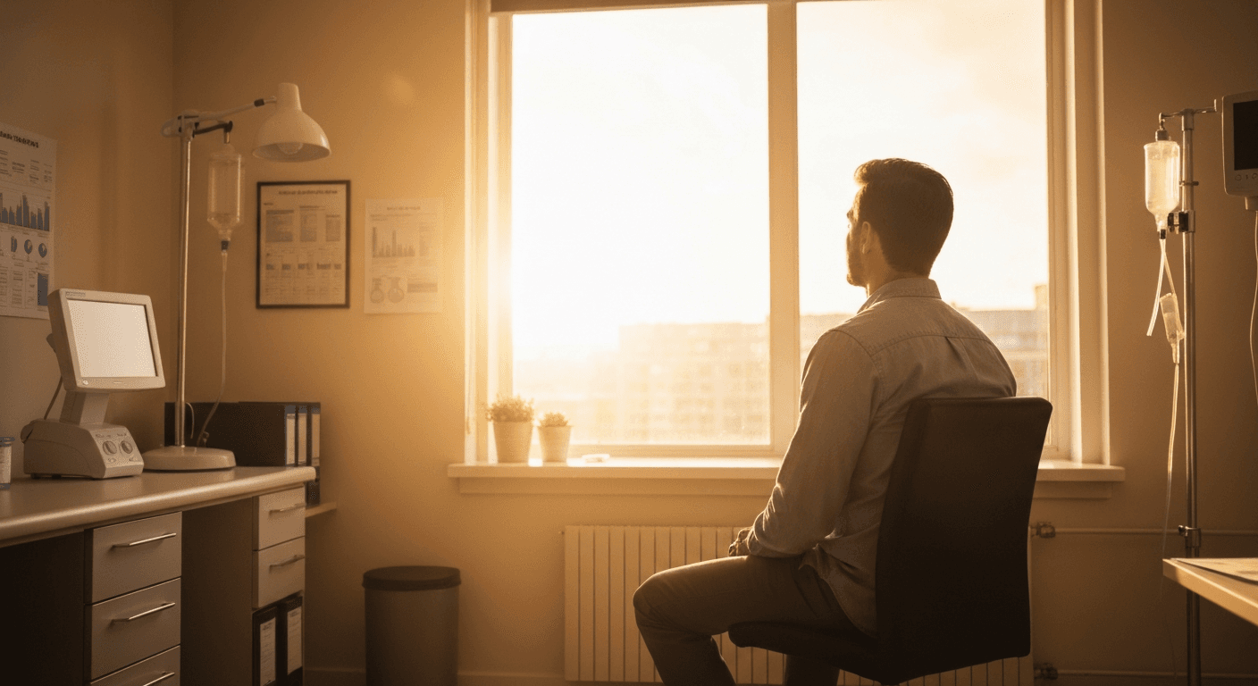 Paul Wood sharing brain tumor healing testimony with prayer group in modern California church setting showing miraculous medical recovery