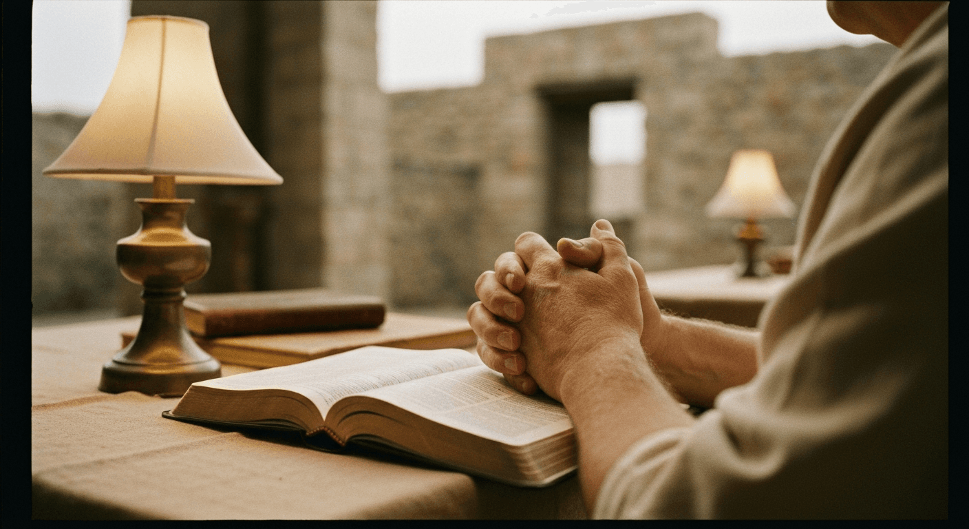 Thagaste scene: Mother praying for prodigal son Augustine. Persistent prayer for family conversion, a saint monica prayer testimony.