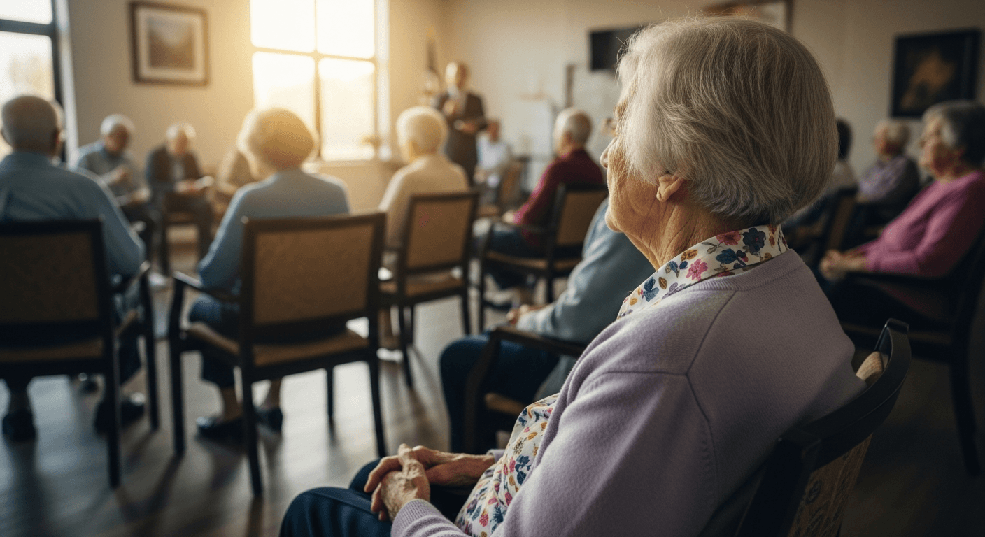 Elderly woman experiencing salvation at nursing home revival meeting with pastor and residents gathered in modern care facility