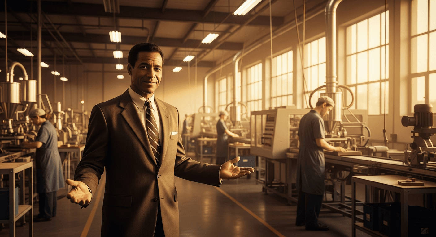 Successful businessman Stanley Tam in modern office setting representing Christian business owner testimony of giving company to God