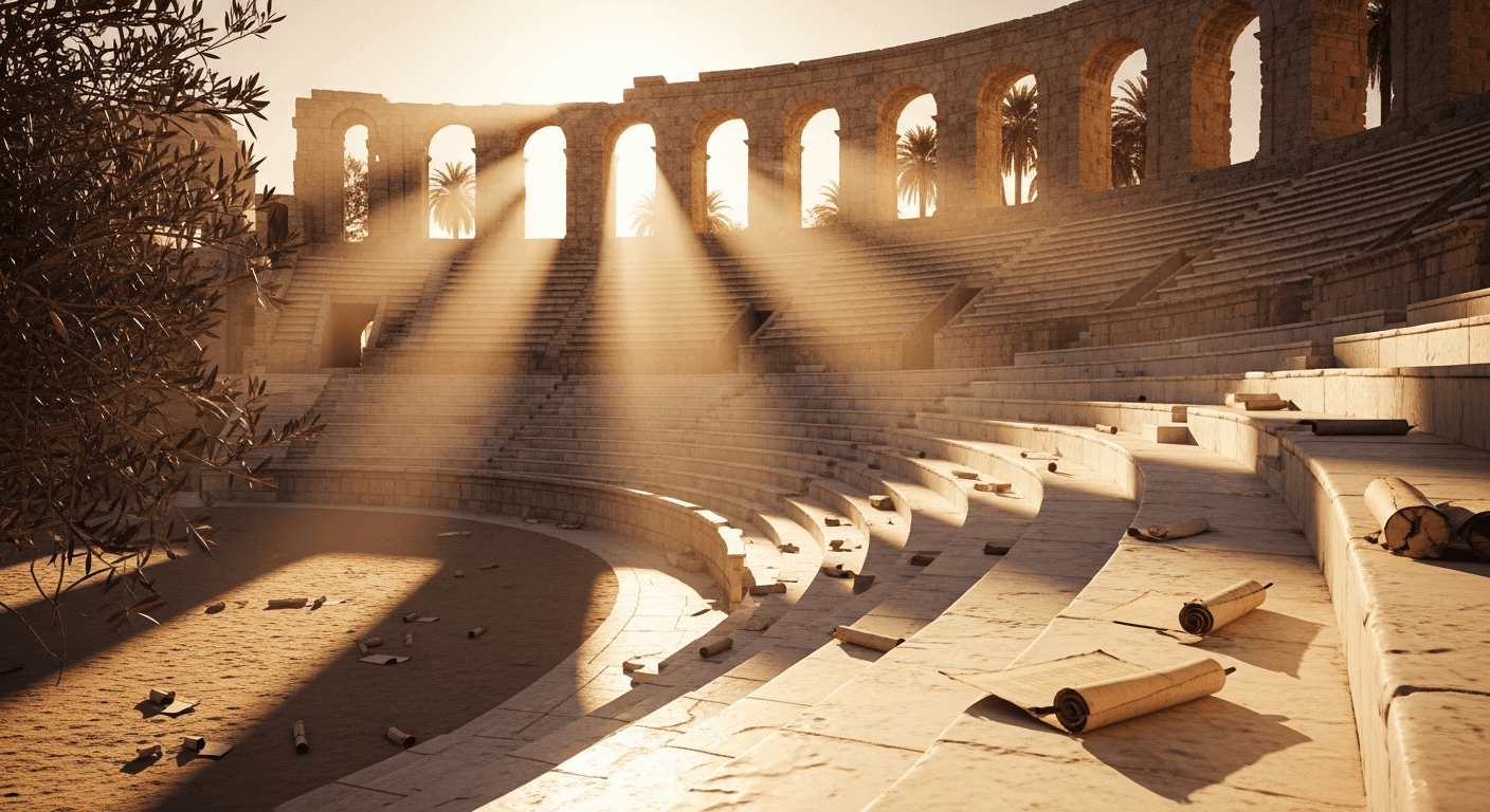 Ancient Carthage ruins with Roman legal scrolls where lawyer converted to Christianity after witnessing martyrs courage in early Christian testimony