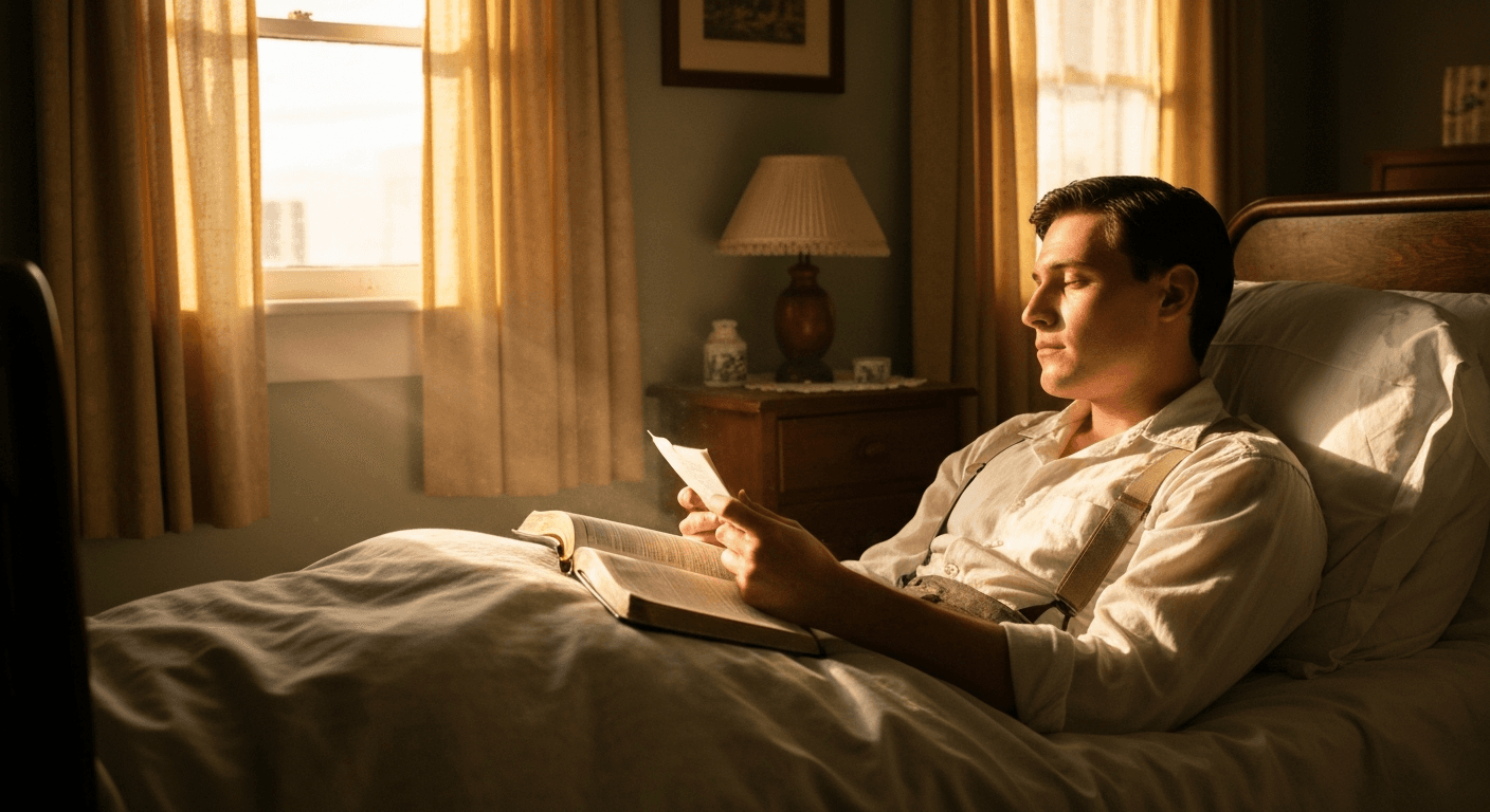 Kenneth Hagin healing testimony shows paralyzed young man reading Mark 11:23-24 scripture experiencing miraculous healing in 1930s bedroom