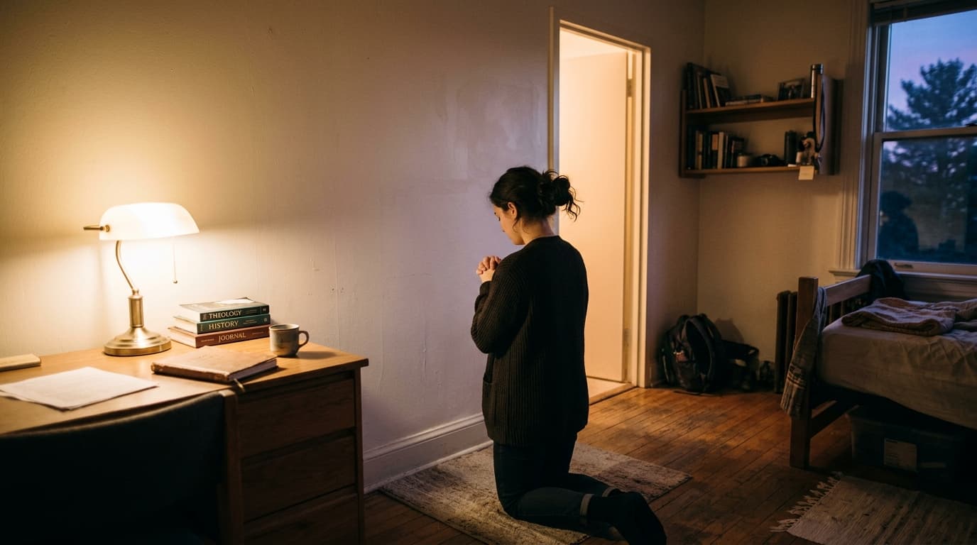 A student kneels in prayer facing a doorway of light, illustrating Katie Ivings meeting Jesus in a vision in Lincoln.