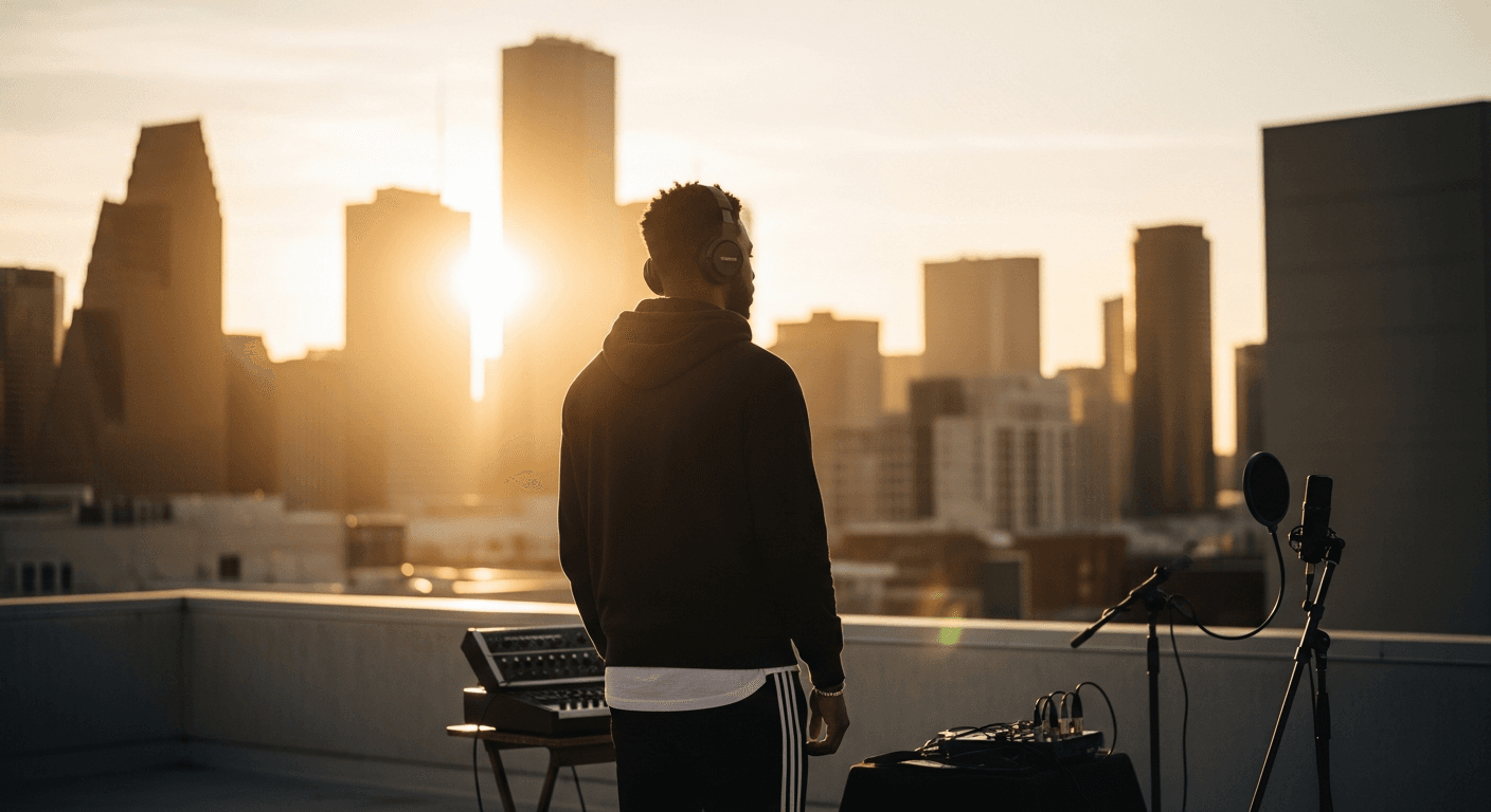 Grammy-winning hip hop artist Lecrae shares his christian rapper conversion story testimony in modern Houston recording studio setting