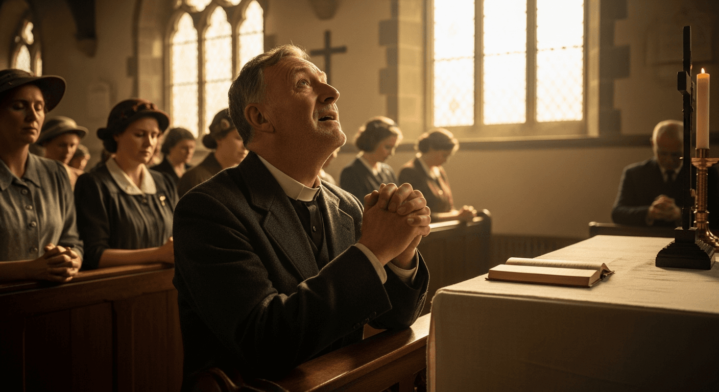 Rees Howells intercessor Wales prays at his college, a prayer warrior testimony WWII showing divine intervention. Swansea, UK.