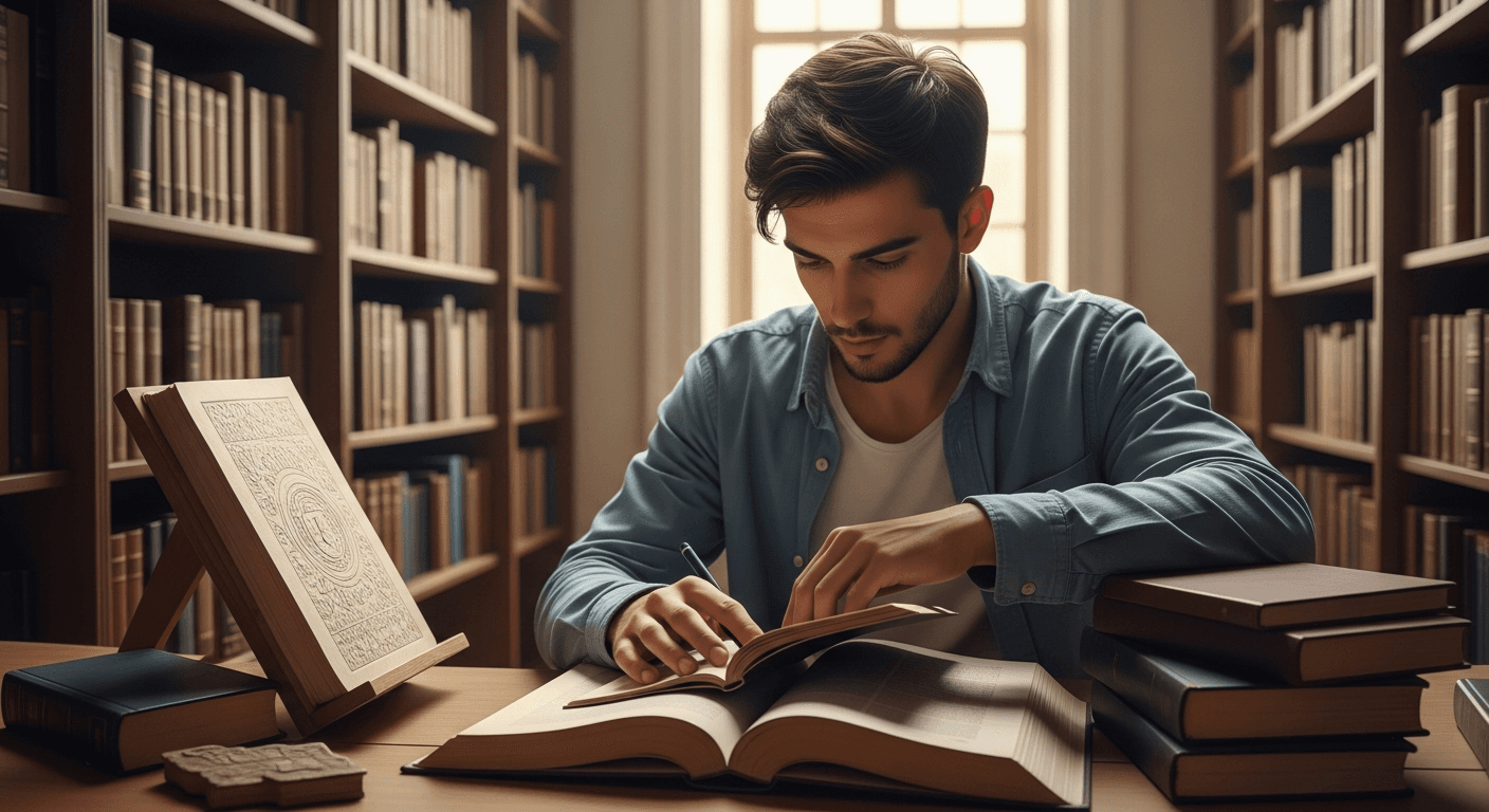 Modern American man reading religious texts depicting Nabeel Qureshi conversion story from Muslim to Christian through supernatural dreams