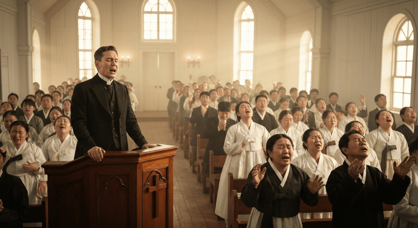 1907 Pyongyang Revival: Korean Christians in hanbok pray. A spiritual awakening North Korea felt, spurred by missionary revival testimony.