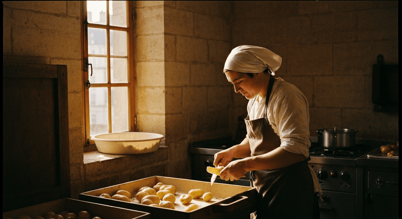 17th-century kitchen scene: Brother Lawrence finds the ordinary moment god while practice presence of god in Paris.