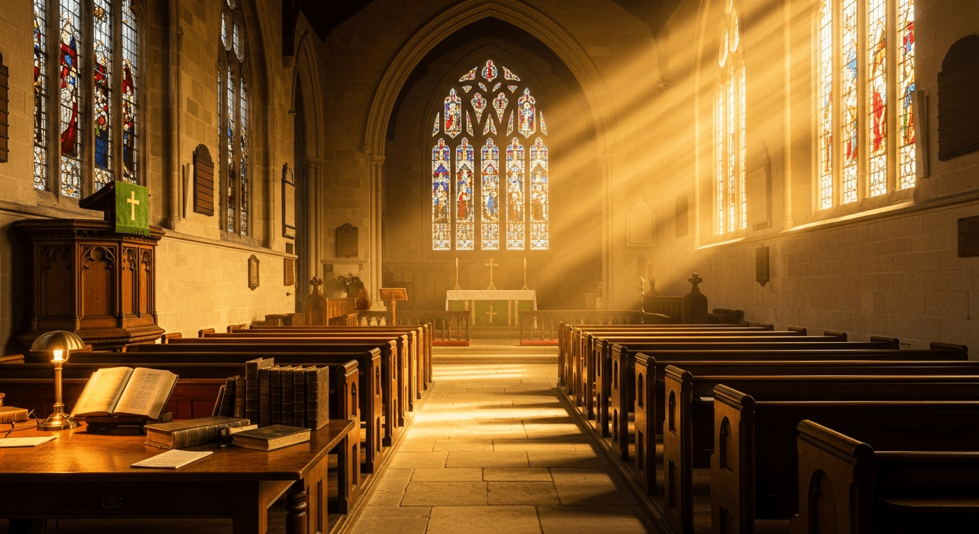 Warm light fills an Anglican church where J.I. Packer's anglican church conversion story began. A theologian testimony England scene. Gloucestershire.