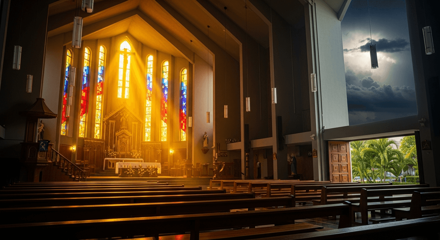 Venezuelan church cross illuminated against stormy sky symbolizing faith in venezuela economic collapse and god's strength in hardship
