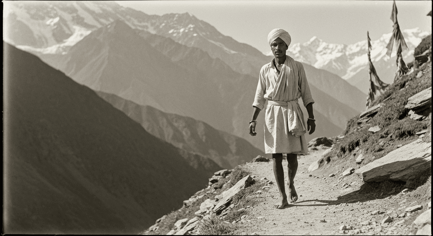 Barefoot sadhu Sundar Singh walking through snow-covered Himalayan passes carrying no provisions during his spiritual pilgrimage across India