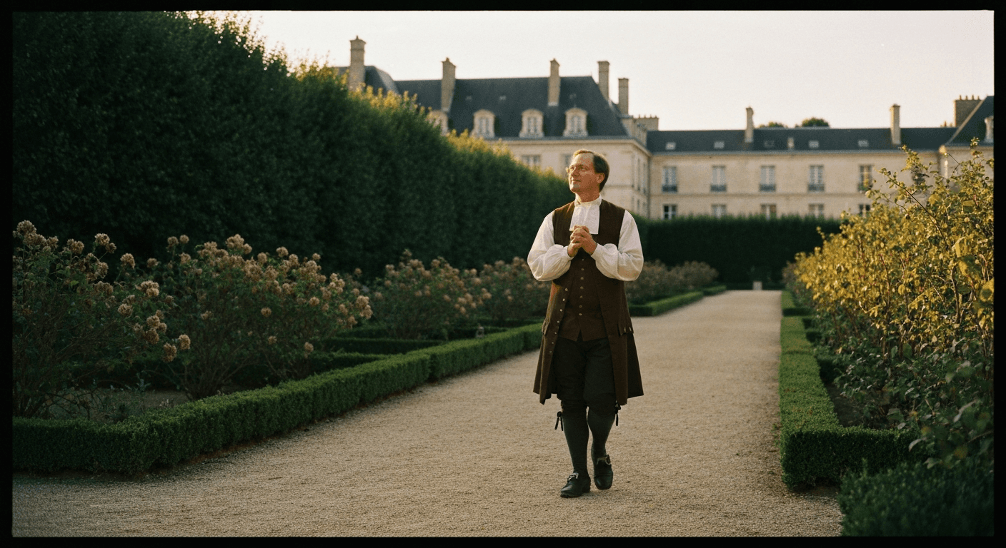 France, 1700s: Jean-Pierre de Caussade in garden. Discovering the sacrament present moment, an ordinary moment God revealed.