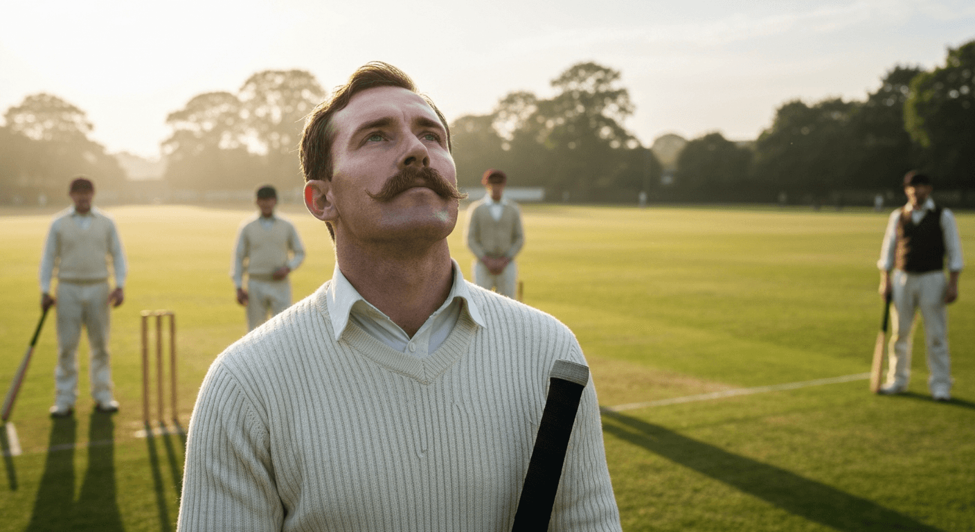Victorian era cricket star C.T. Studd in period clothing giving up career for god as Cambridge seven missionary in English countryside