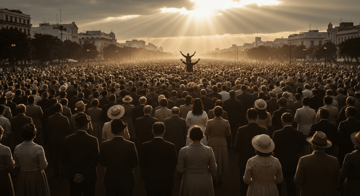 Massive crowds gathering in 1950s Buenos Aires Argentina revival as Tommy Hicks healing ministry draws 200,000 people to outdoor stadium meeting