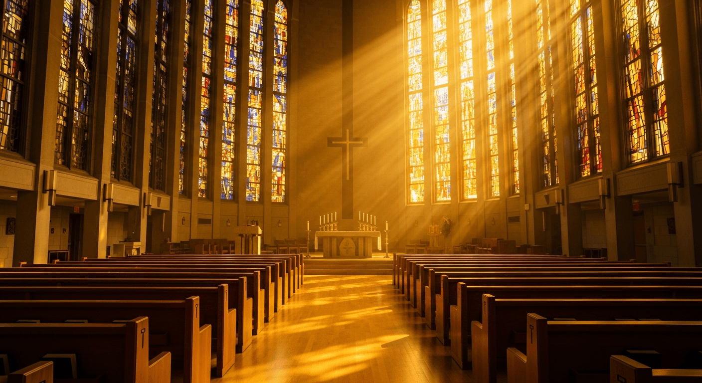 Chapel sanctuary glowing with warm light during Asbury University revival testimony where healing through prayer transformed campus worship