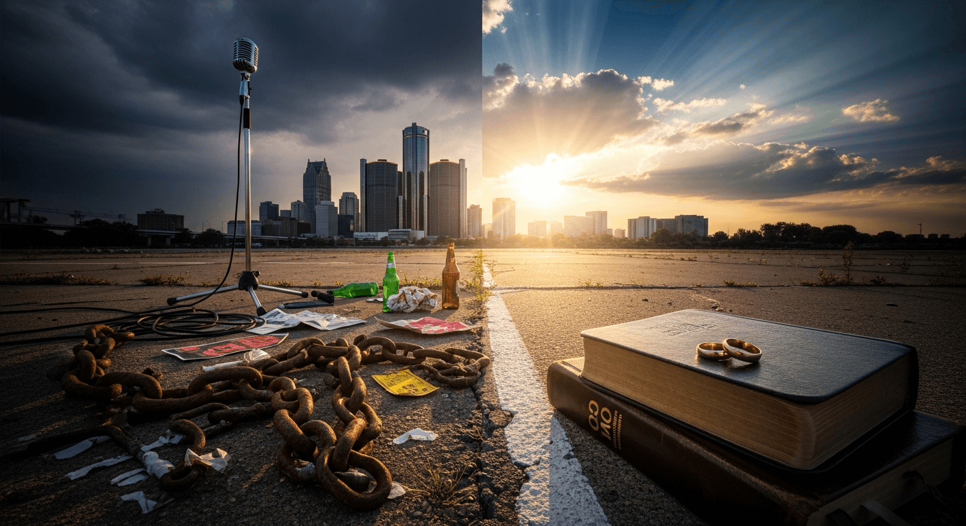 Broken chains and empty bottles symbolizing Alice Cooper Christian testimony of rock star addiction recovery through Jesus Christ