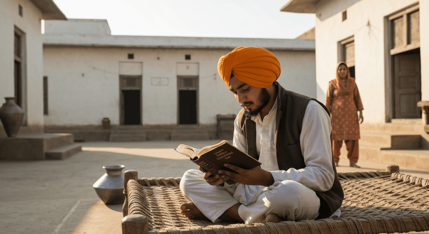 Punjab village scene, connecting to Bakht Singh testimony India. God transforms Sikh devotee in Sargodha District. Religious conversion from Sikhism.