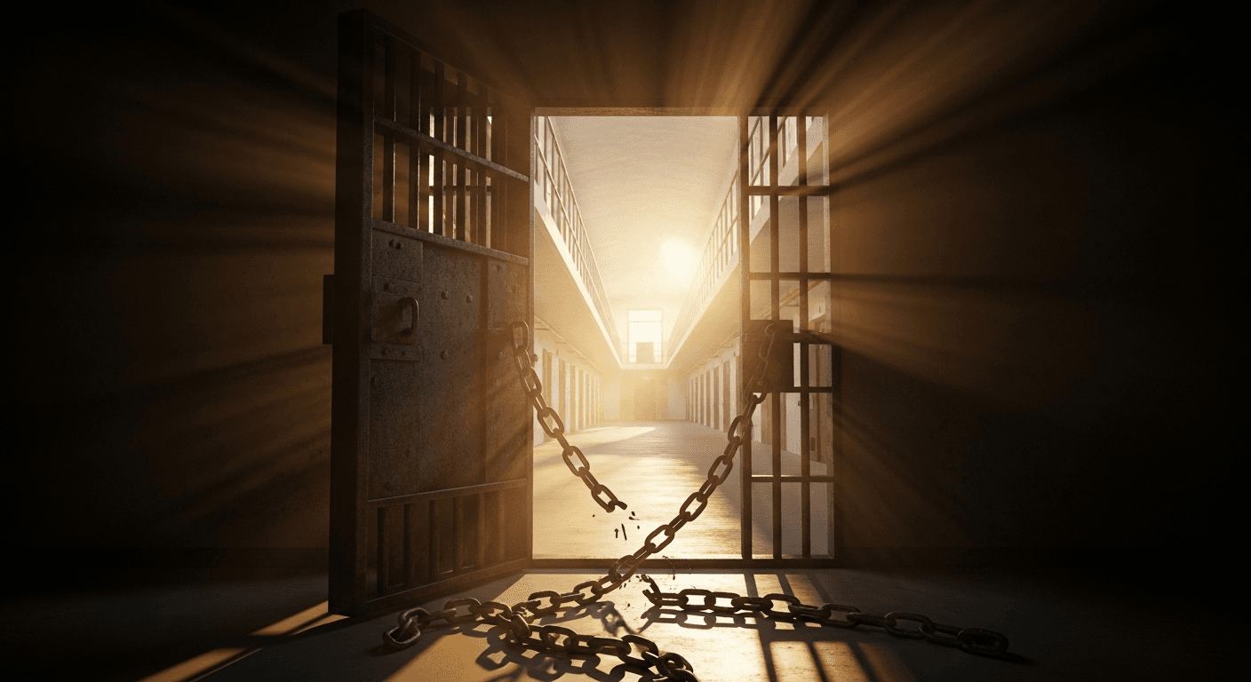 Open prison cell doors with broken chains scattered on floor symbolizing Brother Yun miraculous prison escape testimony and divine healing