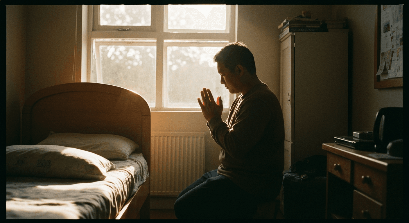 Modern photo of Cal Pierce leading prayer at Healing Rooms Spokane testimony service. People seeking Holy Spirit healing prayer ministry.