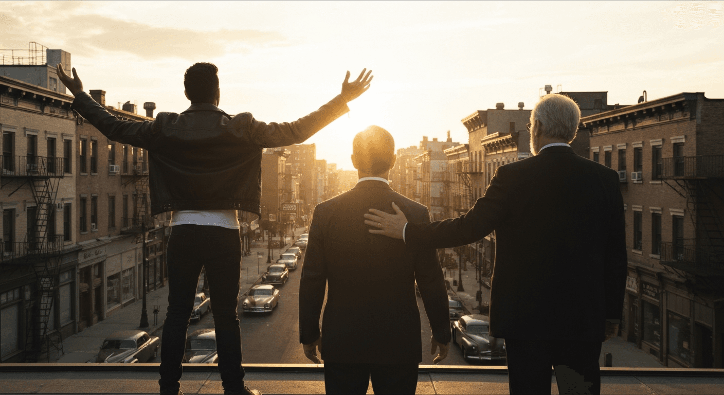 Historical street scene showing gang member Nicky Cruz transformation in 1950s Brooklyn as violent past changed by Jesus through ministry