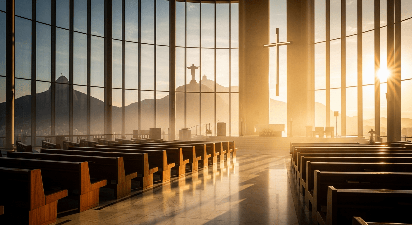 Brazilian pastor testimony transformation: Man prays during Rio de Janeiro church service, life changed through faith.