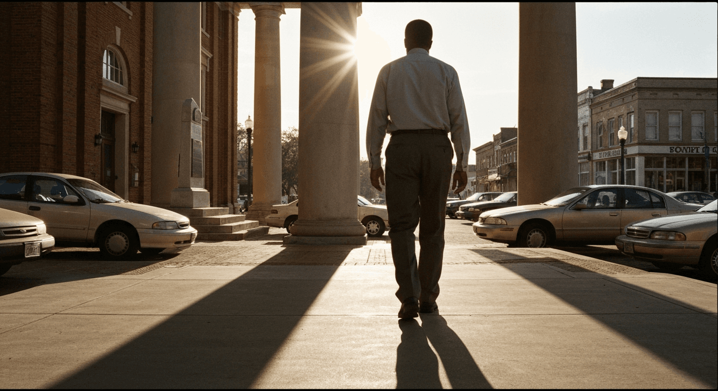 African American man Walter McMillian in Alabama courtroom during wrongful conviction case that inspired Just Mercy with Bryan Stevenson