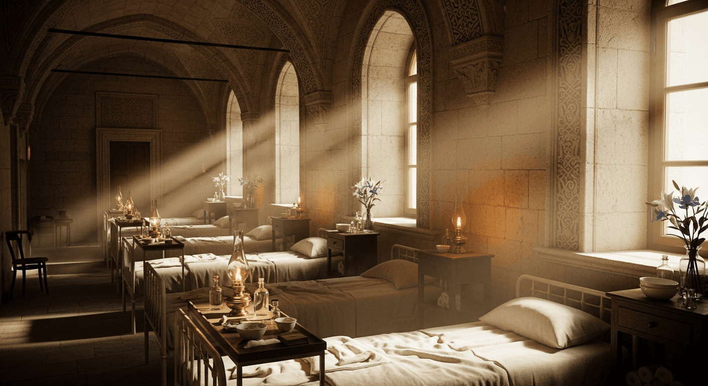 Crimean War hospital lantern glowing in darkness representing Florence Nightingale Christian healthcare testimony of God calling to nursing