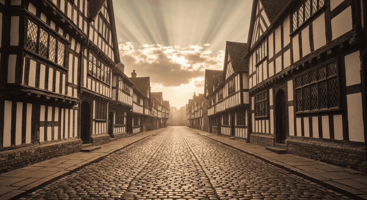 Golden light on King's Lynn Tudor houses evokes Margery Kempe's jesus vision testimony england. Medieval Christian healing testimony in Norfolk.